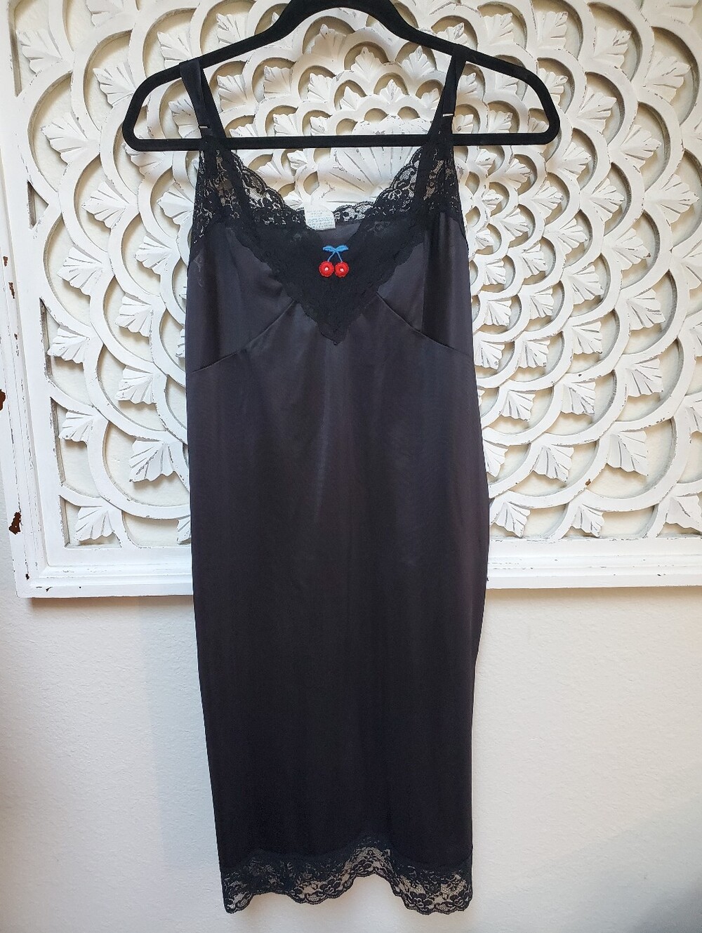 Vintage Black Nylon Slip By Perfectform Size 42 With New Cherries Patch